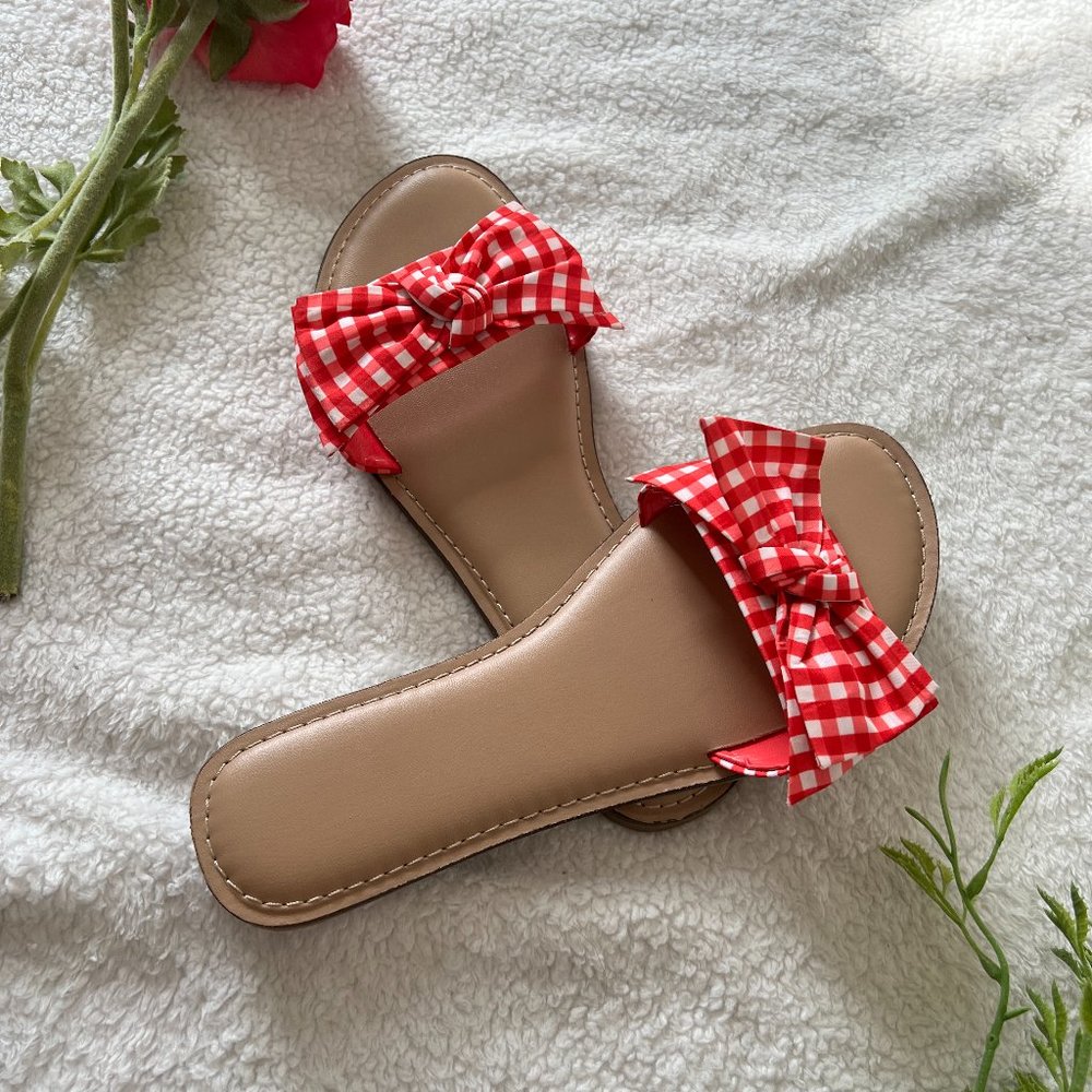 Time & Tru Red Gingham Sandal | Red and White Flats | Sz 8